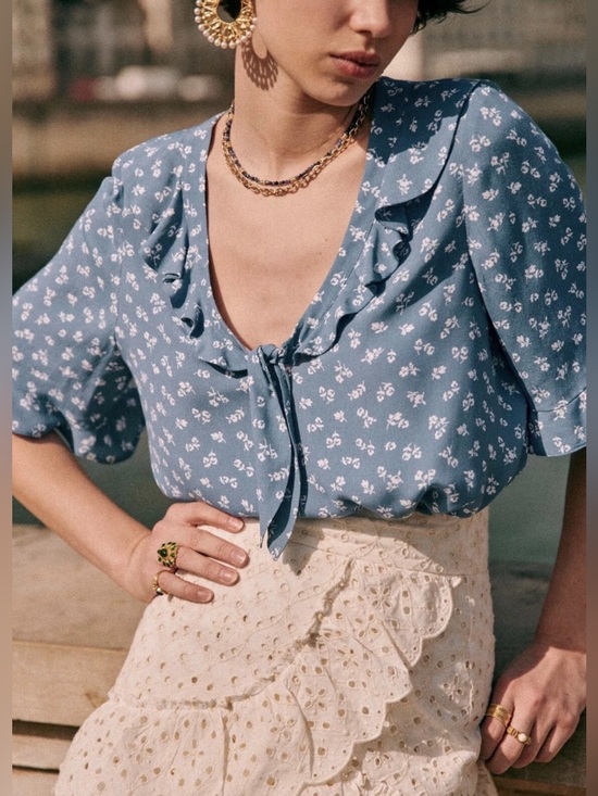 Sezane Tops - Sezane Pomme Blue and White Floral Tie-Front Ruffle Blouse. Size 34FR/2 US
